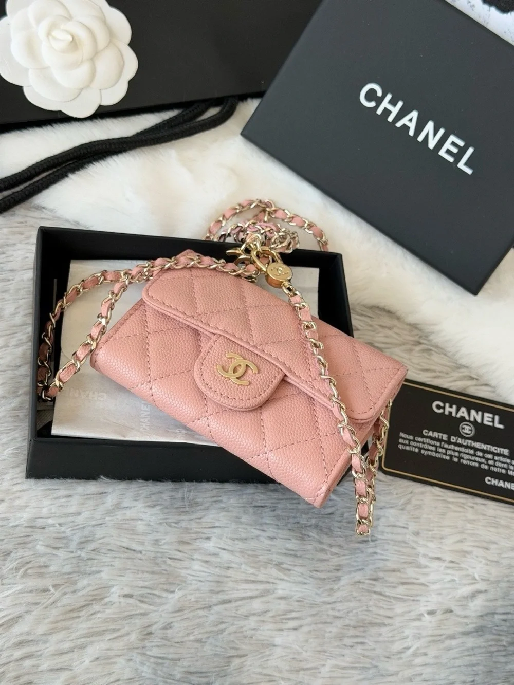 CHANEL Pink Quilted Caviar Leather Mini Wallet-on-Chain with Gold Hardware